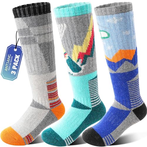 ANTSANG 3 Pairs Kids Merino Wool Ski Socks Boys Girls Thermal Thick Warm Winter Cozy Socks for Skiing Snowboarding