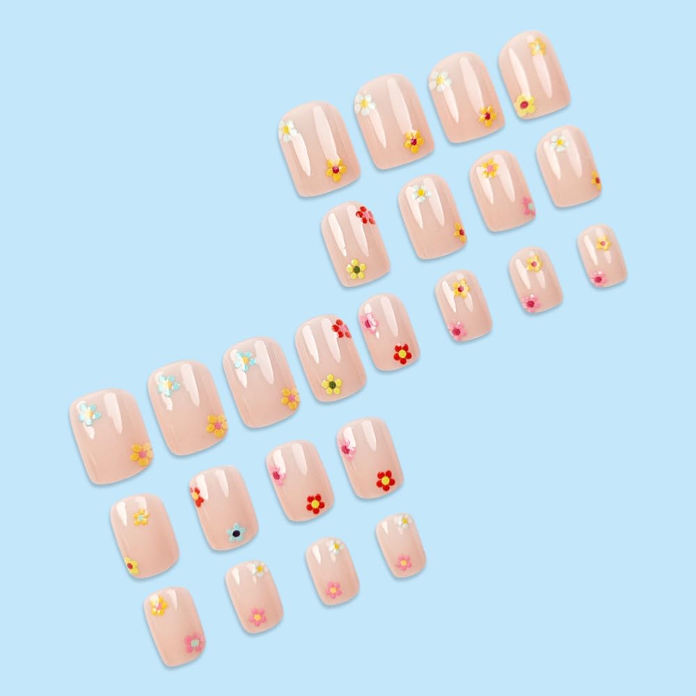 MRSCOL Press on Nails,Oval Press on Nails with 3D Multi-colored Flowers Design,Short Reusable 24pcs Nail Kit with Glue