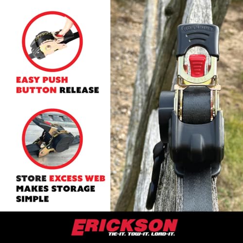 Erickson Pro Series 1in x 10ft Black Retractable Ratcheting Tie-Down Straps, Heavy-Duty Secure Hold, 1500 lb Load Capacit...