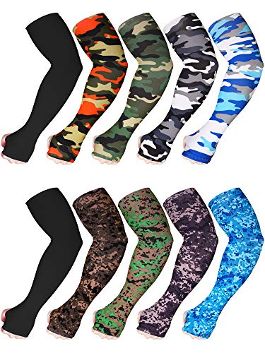 Bememo 10 Pairs Unisex Arm Sleeves for Men Women Elastic UV Protection Arm Cover Ice Silk Cooling Sleeves for Outdoor Driving