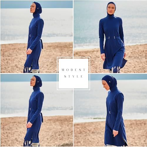 Islamic Full-Length Modest Swimsuit for Muslim Women | 4 PCS Burkini Set Top Pants Cap Bustier | Long Sleeve Rash Guard