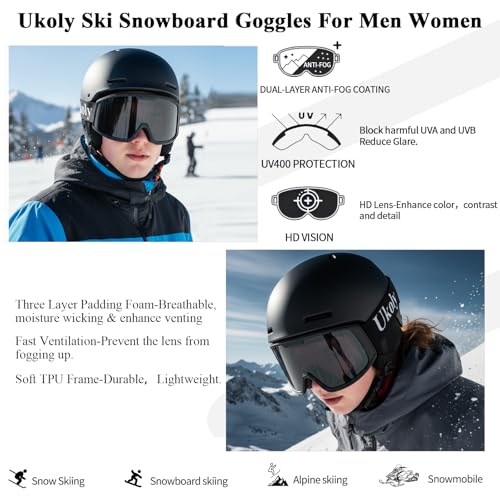 Ukoly Ski/Snowboard Goggles for Men Women, Snow Goggles HD Lens Anti-Fog Coating OTG Design UV400 Protection Windproof
