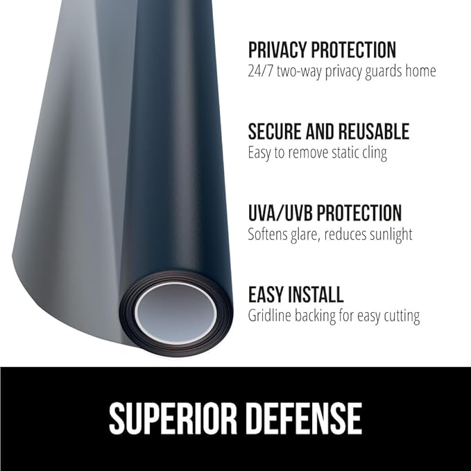 Gorilla Guard Window Privacy Film, Removable Two Way Sun Blocking, Reusable No Residue Stickers, Strong Static Clings to Glass Windows, Decorative Bathroom Door Coverings, 17.5 x 78.7 Inch, Black
