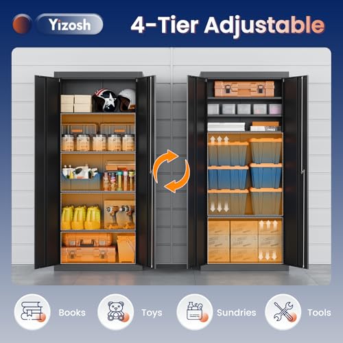 Yizosh Metal Garage Storage Cabinet with 2 Doors and 4 Adjustable Shelves - 71" Steel Lockable File Cabinet,Locking Tool C...