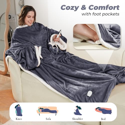 Wearable Heated Blanket with Foot Pockets, Electric Wearable Throw Blanket with Sleeves, Wearable Electric Blanket with 6 ...