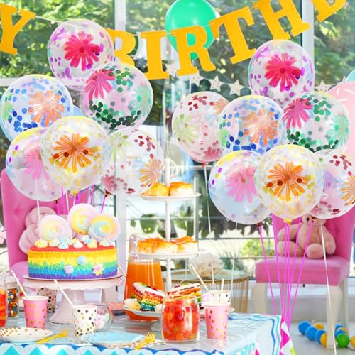 50 Pieces Flower Print Confetti Balloons 12 Inch Colorful Clear Floral Latex Balloon with Balloon Holder Sticks Spring Sum...