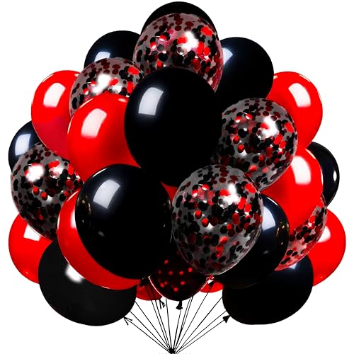 Firomi Red Black Latex Balloons 12 Inch 70 pack Set Black and Red Confetti Balloons for Birthday Wedding Party (with 2 Rib...