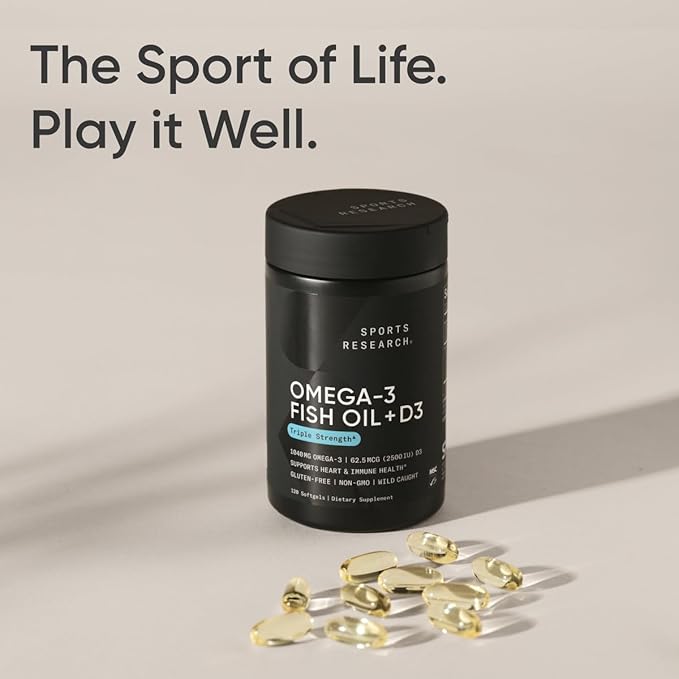 Sports Research® Alaskan Omega-3 Fish Oil 1040mg + Vitamin D3 2500iu - Supports Brain & Heart Health - MSC Certified Sustainable · Wild-Caught · Non-GMO · Triglyceride Form - 120 Count Softgels