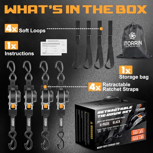 ITORRIN Retractable Ratchet Straps(4 PK)- 1 Inch x 10 Feet (1,650lb Break Strength)-Self Retracting Tie Down Straps for Mo...