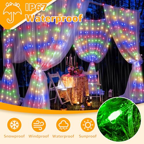 Ollny Curtain Lights 600LED 19.7ft x 9.8ft, IP67 Waterproof Outdoor Curtain Rice Lights with Remote, Plug-in Untangle Fair...