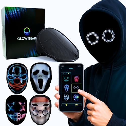 Glow Gear Face Transforming LED Mask App-Controlled Light Up Cosplay Mask with 115+ Animated Faces, Customizable LED Patte...