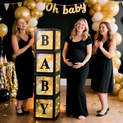 Ledido Baby Boxes with Letters for Baby Shower Decorations, 4 Pcs Transparent Balloon Boxes Blocks with Fairy String Light...