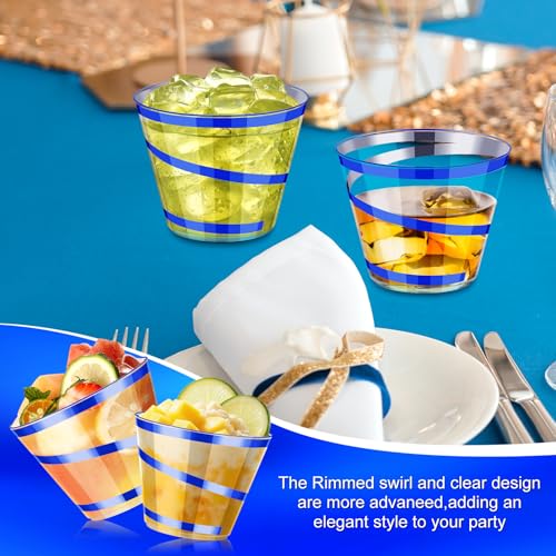 Dualshine 100 PCS Blue Rimmed Swirl Clear Plastic Cups, 9 oz Disposable Plastic Wine Glasses, Heavy Duty Cocktail Glasses ...