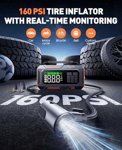 Portable Jump Starter with Air Compressor 8000A 160PSI, 16-in-1 Car Battery Jump Starter with Emergency Kit, Auto-Shutoff ...