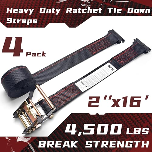 KJE E-Track Ratchet Straps, 4 Pack Black 2" x16' Heavy Duty Cargo Tie-Downs, 4500LBS Breaking Strength, Standard E Track F...