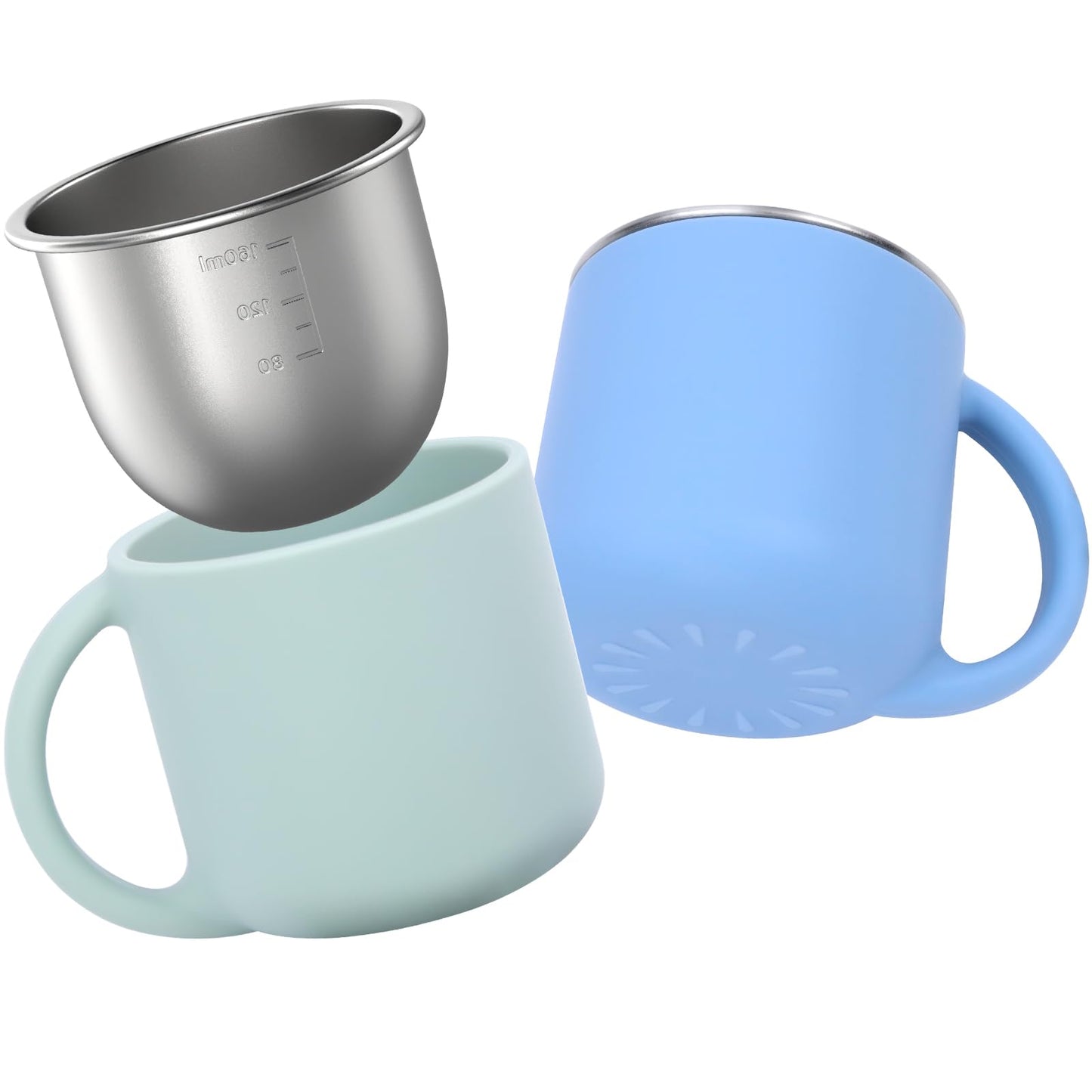Bakpoco 2-IN-1 Open Toddler Cups, Stainless Steel Baby Cup + Silicone Training Cup for Toddlers Kids Babys, No Plastic | No Soap Smell | Shock-Proof Feeding Essentials, 2-Pack Blue/Sage