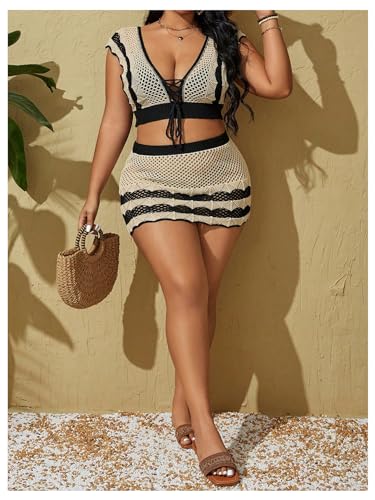 WDIRARA Women's Plus Size Two Piece Swimwear Lace Up V Neck Crop Swim Top and Hollow Out Cover Up Beach Skirt