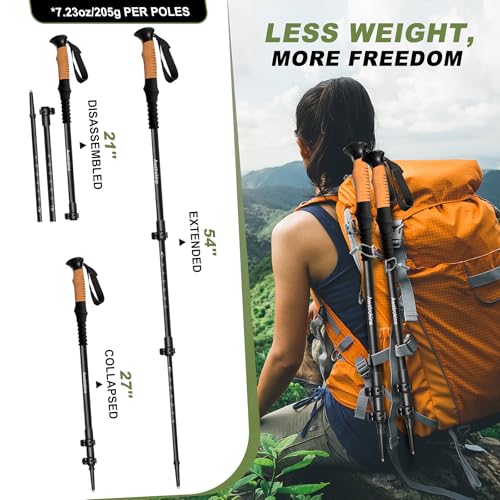 100% Carbon Fiber Hiking Trekking Poles - Ultra Strong Carbon Hiking Sticks with Cork Grips & Quick Flip Locks, 2 Pcs Ligh...