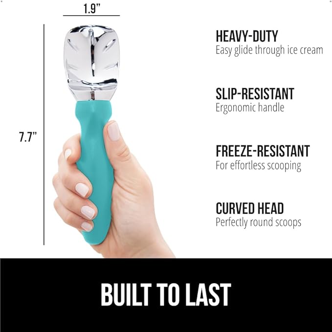 GORILLA GRIP BPA-Free Heavy Duty Ice Cream Scoop, Comfortable Ergonomic Handle, Professional Grade Scooper, Perfect Round Scoops, Spoon Frozen Hard Gelato Sorbet Cookie Dough, Kitchen Tool, Turquoise