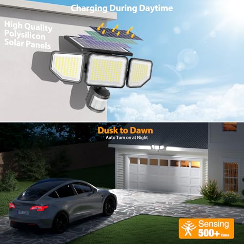 Onforu 4500LM Solar Lights Outdoor, 3 Heads Security Lights with Remote Control, IP65 Waterproof Motion Sensor Lights, 3 M...