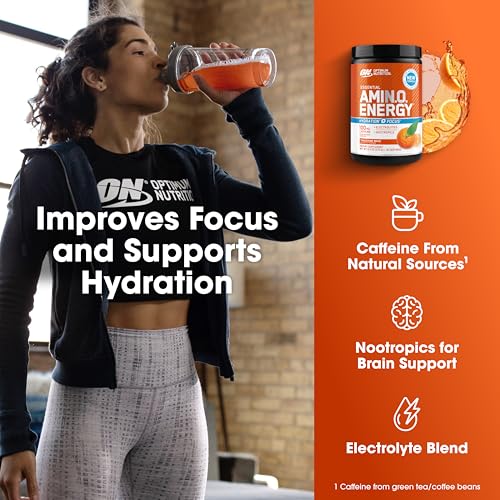 Optimum Nutrition Amino Energy Powder Plus Hydration, with BCAA, Electrolytes, and Caffeine, Tangerine Wave, 30 Servings (...