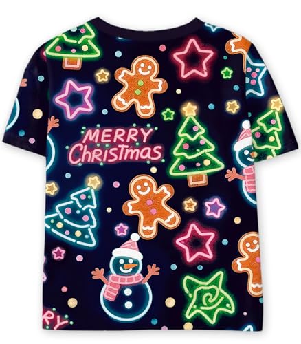 Remimi Kids Christmas Shirts Cute Print Short Sleeve Holiday Funny Xams Tops 5-14 Years
