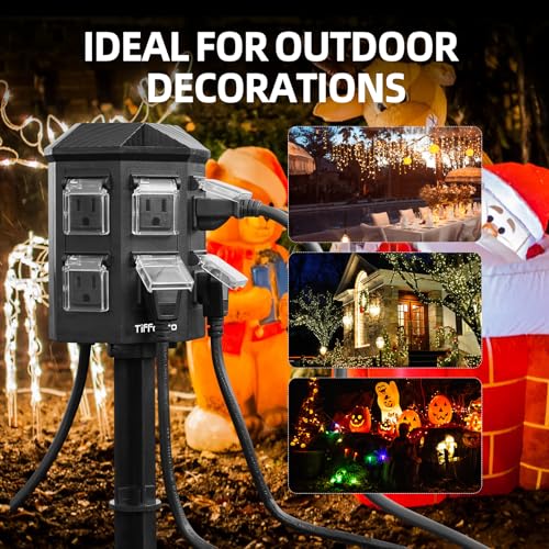 TiFFCOFiO Outdoor Power Strip Weatherproof, 25 FT Extension Cord with Stake, 6 Grounded Outlets for Christmas Yard Decorat...