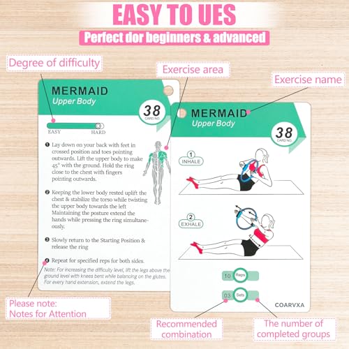 COARVXA Pilates Ring Workouts for Women-58 Exercise Cards with Pilates Mat Workout Postures，ncludes 4-Week Challenge,2 Rin...