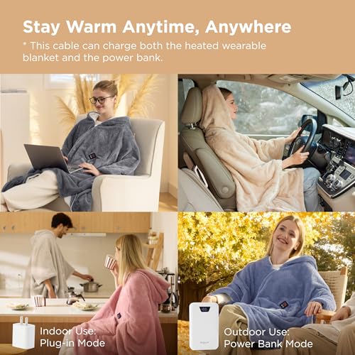 Bedsure Cordless Wearable Heated Blanket - Fluffy Electric Blanket Hoodie with 20000mAh Battery Pack, Portable USB Heated ...