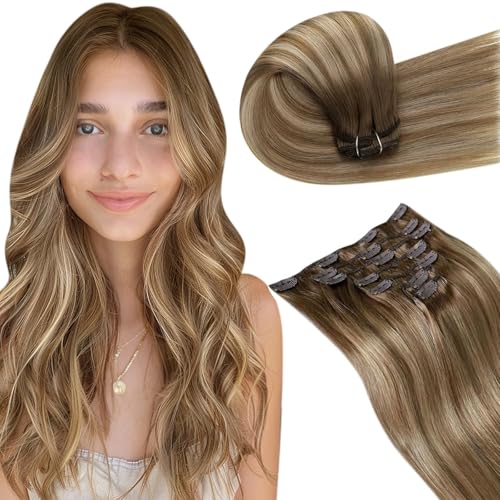 LaaVoo Brown Clip in Hair Extensions Real Human Hair Light Brown To Golden Blonde Balayage Hair Extensions Real Human Hair Clip