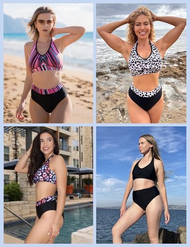 AI'MAGE Bikini Sets for Women High Waisted Two Piece Bathing Suit Tummy Control Swimsuits Halter Color Block Swimwear 2025