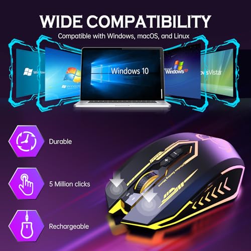 UHURU Wireless Gaming Mouse Up to 12000 DPI, Rechargeable USB-C Wireless Mouse with 7 Buttons 7 Dynamic LED Color Ergonomi...