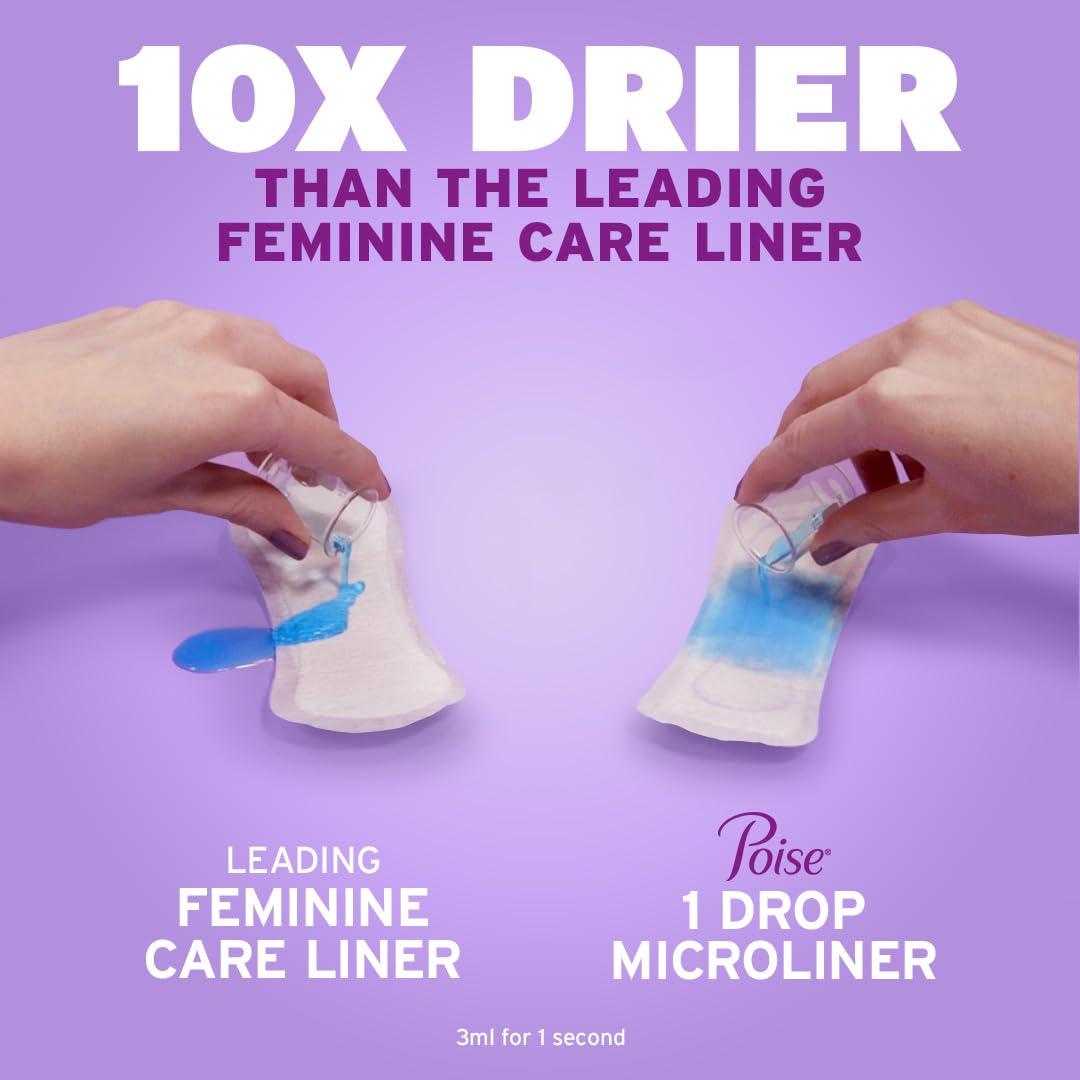Poise Daily Microliners, Incontinence Panty Liners for Bladder Leaks, 1 Drop Lightest Absorbency, Long Length, 152 Count of Pantiliners (4 Packs of 38)