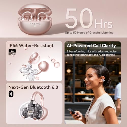 Kinglucky ClipFree Open-Ear Headphones with Butterfly Earrings, Ultra-Comfort & Snug Fit Clip On Earbuds, 50H Playtime Blu...