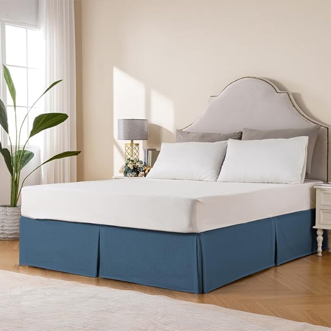 MIYE Pleated Waffle Weave Bed Skirt, Tailored Dust Ruffle 14 Inch Drop Easy Fit, Machine Washable (Blue,Cal King - 14" Drop)