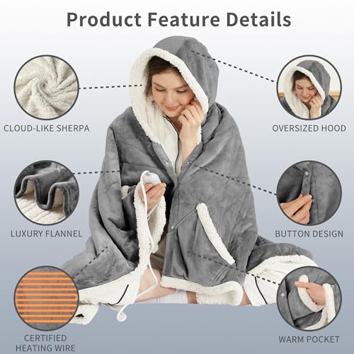 ESTINGO Wearable Heated Blanket Electric Throw, Heated Shawl with 6 Heating Levels and 1-4 Hours Auto Off, Heated Hoodie W...