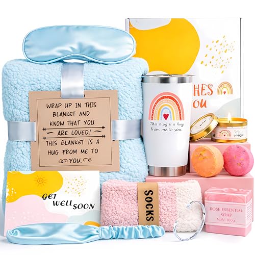Get Well Soon Care Package for Women, 12 Pcs Deluxe Self-Care Gift Box with Cyan Cozy Blanket, Tumbler, Candle & Spa Feel ...