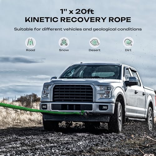 Kinetic Recovery Rope 1in x 20ft, Kinetic Rope Recovery Kit 48,600lbs Break Strength, with 2 Soft Shackles, 35% Elasticit...