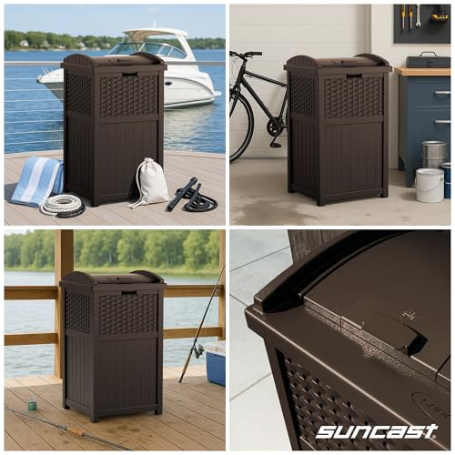 Suncast 33 Gallon Commercial Outdoor Trashcan Hideaway with Lid for 30 to 33 Gallon Trash Bags for Garage, Backyard, or Ga...