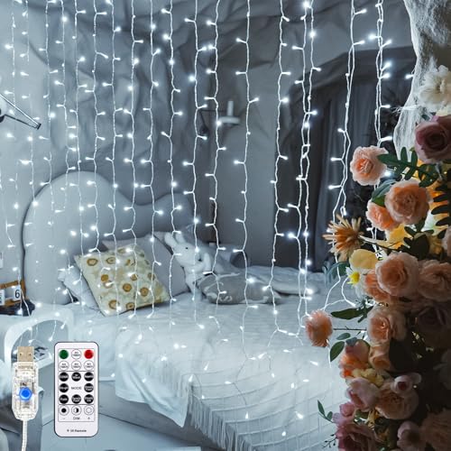 SINAMER Curtain Light for Bedroom, 200LED 6.6x6.6ft White Window Wall Hanging Fairy Curtain String Light, 8 Modes Remote F...