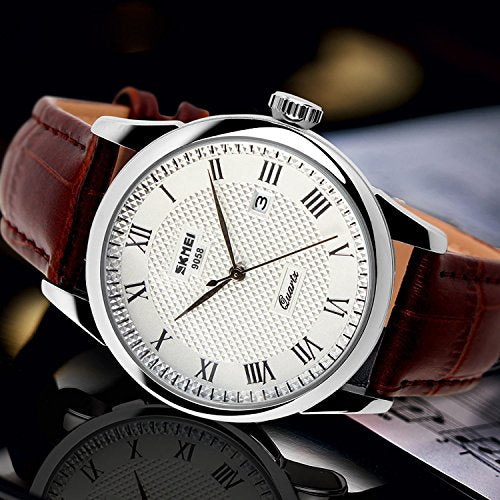 Mens Leather Band Quartz Watch, Men's Analog Business Working Roman Numeral Casual Waterproof Watches with Calendar Date D...