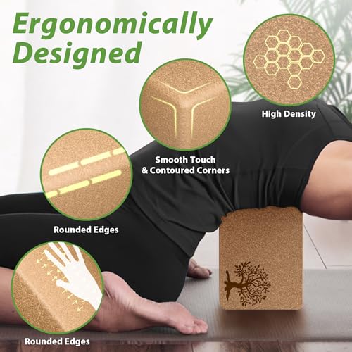 Cork Yoga Blocks 2 Pack Set, Natural Cork Soft Non-Slip Yoga Blocks, High Density & Eco Friendly Yoga Accessories for Wome...