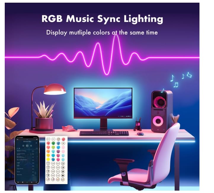 MFWW RGB LED Strip Lights, 33FT, Multicolor, App Control, IP67 Waterproof, Music Sync, Model TongYan612NHRGB01