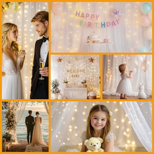 HOLITS Tulle Curtain Backdrop with 300 LED Fairy Lights for Parites Wrinkle-Free Sheer Curtain Drapes Photo Back Drop for ...