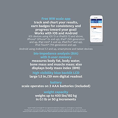 Weight Watchers Scales by Conair Smart Scale for Body Weight, Digital Bluetooth Smart Bathroom Scale with Body Fat, Muscl...