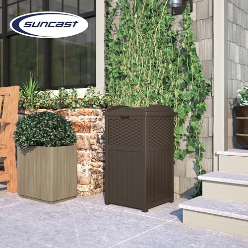Suncast 33 Gallon Commercial Outdoor Trashcan Hideaway with Lid for 30 to 33 Gallon Trash Bags for Garage, Backyard, or Ga...