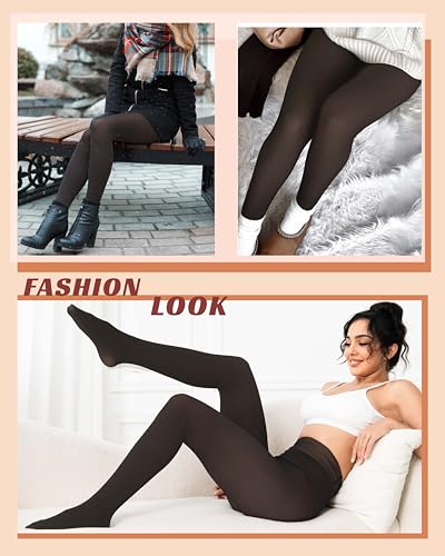 Unesmaro Women's Thermal Fleece Lined Tights, Translucent Skin Tone Pantyhose Style Leggings for Winter Warmth