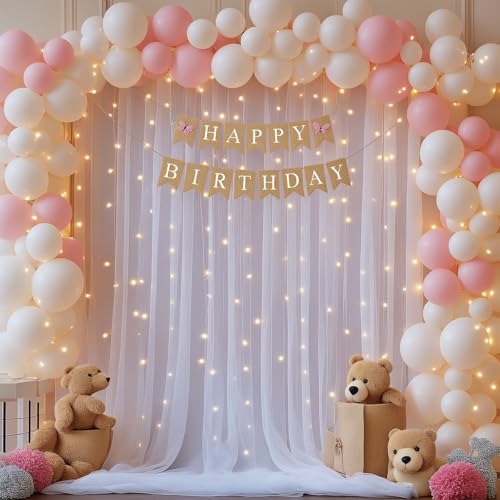 10ft x 8ft White Sheer Tulle Backdrop Curtains with Lights String Wedding Backdrop for Reception Ceremony Birthday Party B...