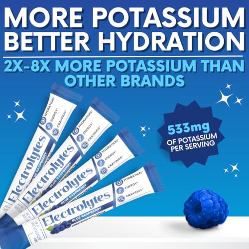 Zero Sugar Blue Raspberry Electrolytes Powder Packets (30 Pack) - All Natural Ingredients, Caffeine Free Energy for Refres...