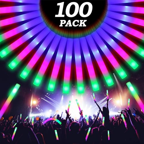 GalaGalore 100 Pcs18.5inch Foam Glow Sticks Bulk - 3 Modes Colorful Flashing Led Foam Sticks Glow in The Dark Party Suppli...